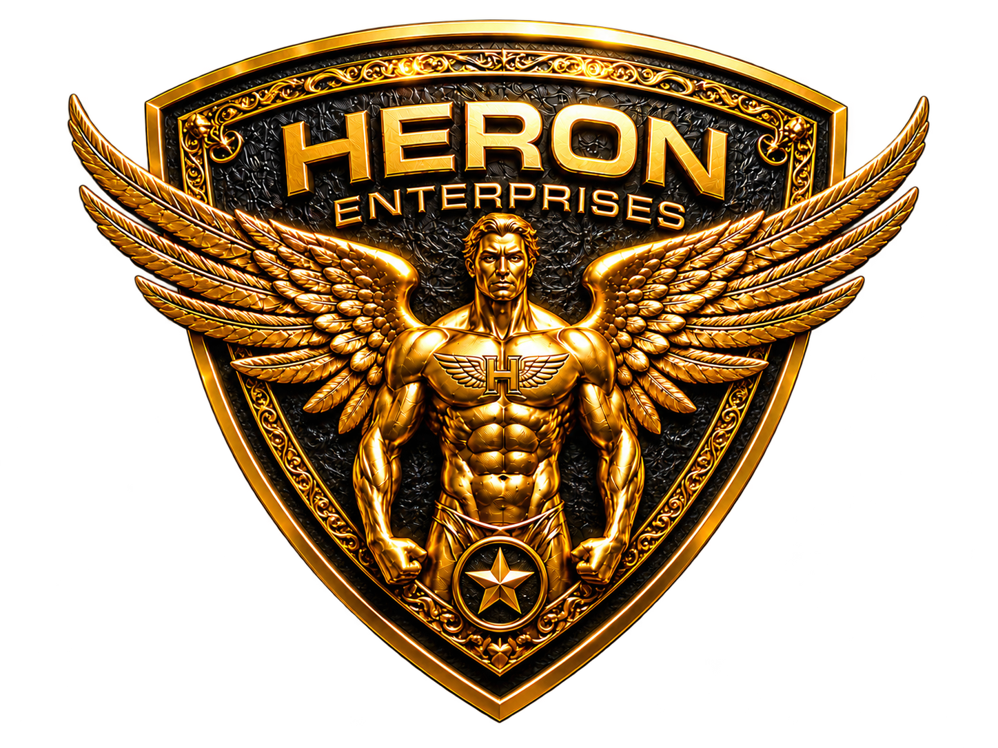 HERON ENTERPRISES STUDIOS gold winged shield logo